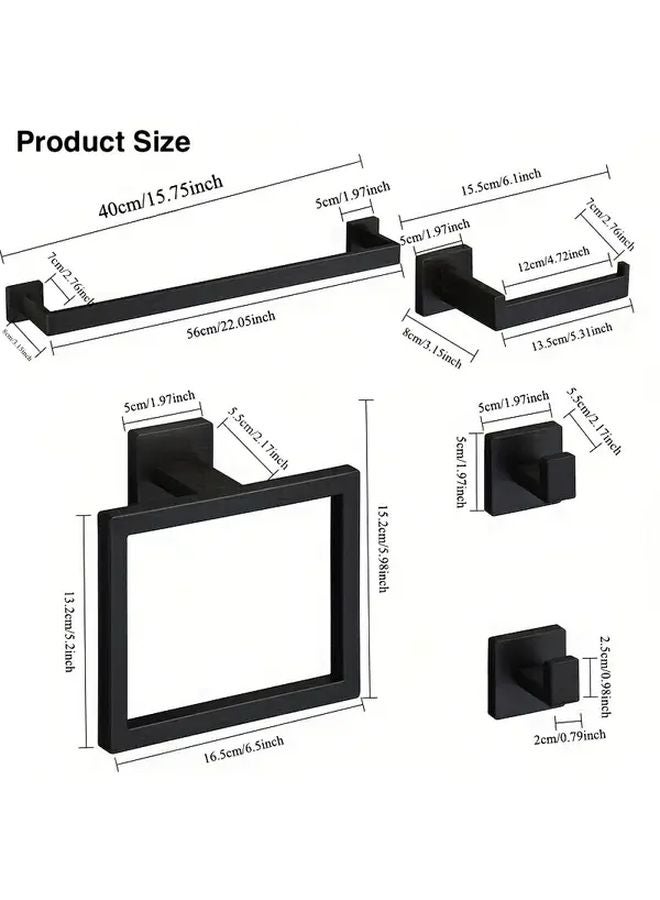 Black Stainless Steel Bathroom Hardware Set 5Pcs Towel Bar Robe Hooks Toilet Paper Holder - Image 3